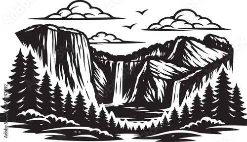 Yosemite National Park Landscape Silhouette Black and White Vector Illustration
