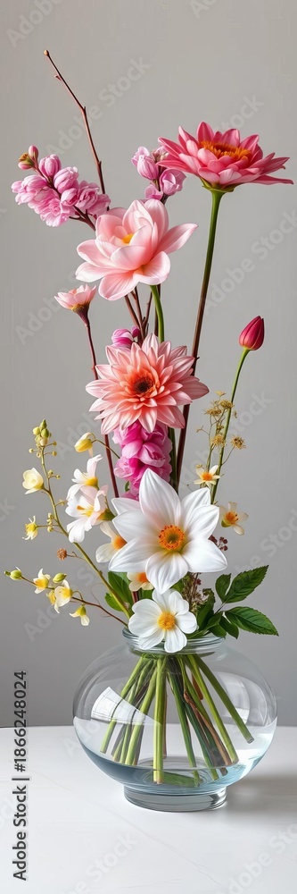 Naklejka premium A perfectly arranged ikebana floral display, emphasizing balance and harmony, ikebana, Japanese art
