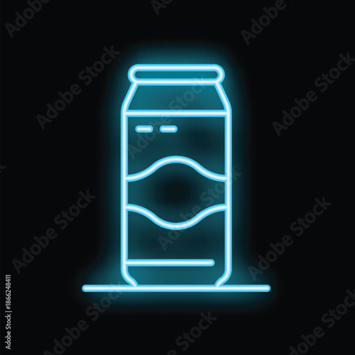 Bright blue neon sign is depicting an aluminum can of soda pop on a black background