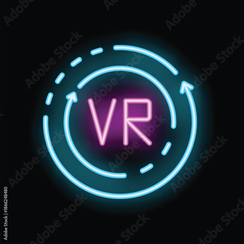 Glowing neon vr logo is surrounded by rotating arrows, evoking the immersive nature of virtual reality