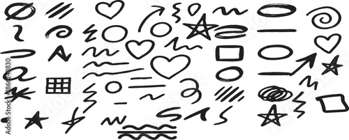 A collection of various hand drawn doodles and shapes on a white background