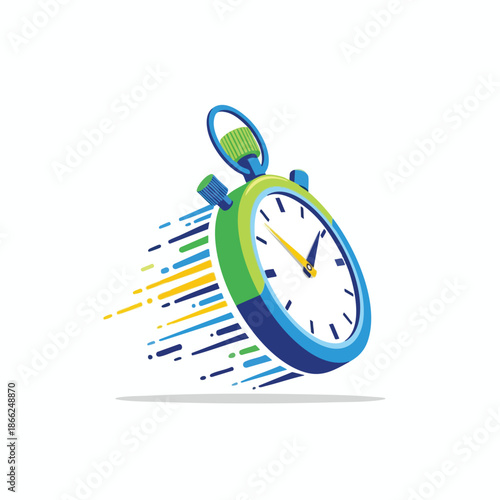 Illustration of a stopwatch with speed lines, in blue, green, and yellow