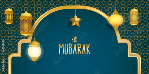Ramadan Mubarak Islamic greeting card with mosque, stars, moon and lantern vector illustration background.
