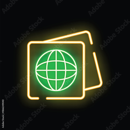 Bright neon passport icon glowing on dark background representing international travel and tourism