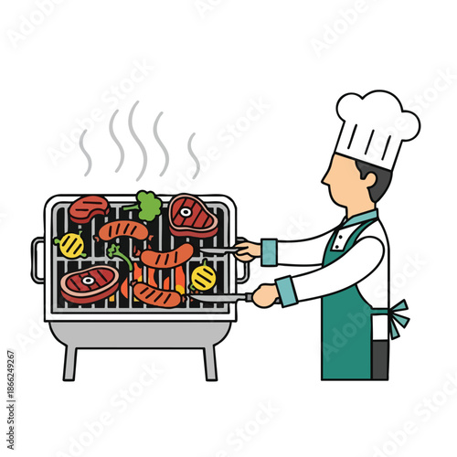 A chef grills food, steak, sausages, vegetables, and lemons