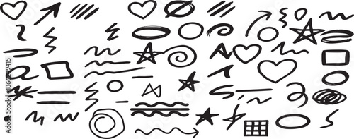 A collection of hand drawn doodles and symbols on a white background