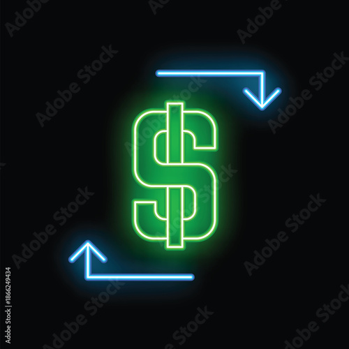 Green neon dollar sign with blue arrows pointing up and down on a black background representing market volatility