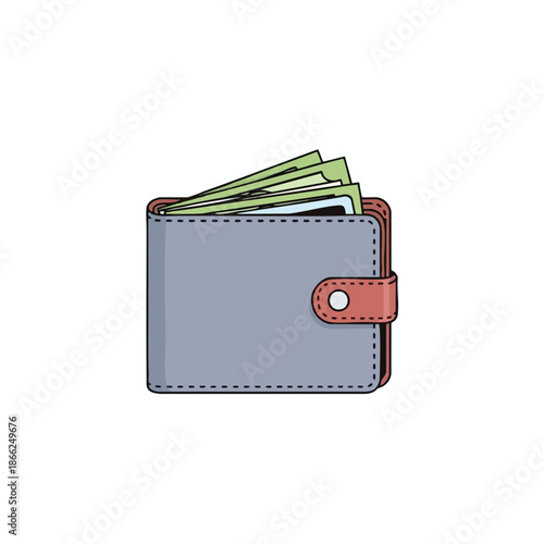 An open wallet graphic displays money. Its button is fastened; the exterior is gray and red