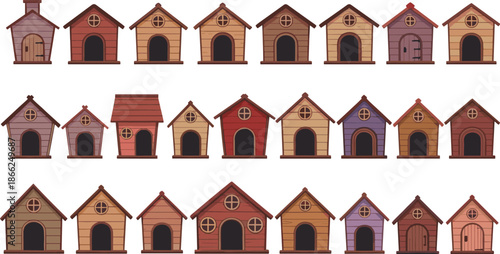Dog House Illustration Set Featuring Wooden Kennels in Various Shapes, Sizes, and Colors for Pet Care, Backyard, and Animal Shelter Design Concepts