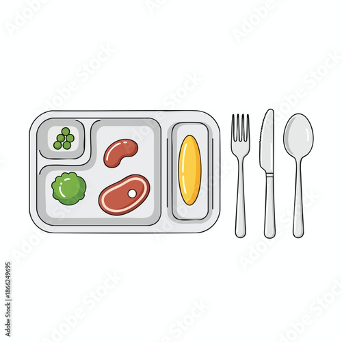 Cartoon illustration featuring a divided tray of food and utensils fork, knife, spoon