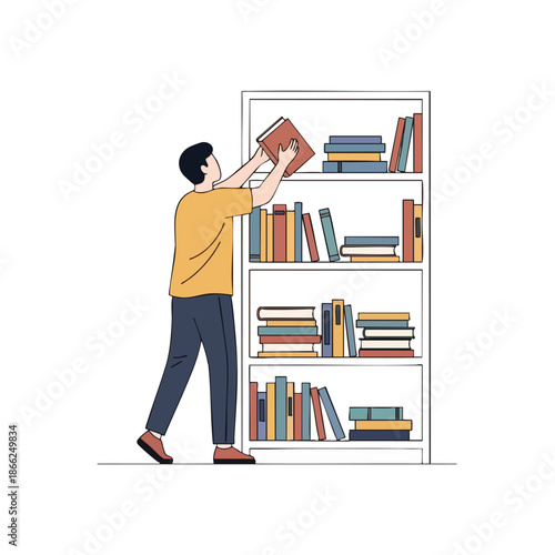 A person reaches for a book on a shelf filled with others
