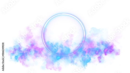 Glowing blue neon circle with surreal pink and blue clouds on transparent background. For creative posters, music album covers, modern branding, and spiritual or fantasy-themed social media content.