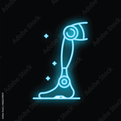 Blue glowing neon icon of a prosthetic leg, perfect for showcasing futuristic technology and innovation in healthcare