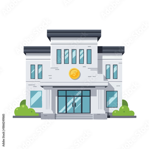 Cartoon bank, grey stone building with windows, gold coin, blue doors, & bushes