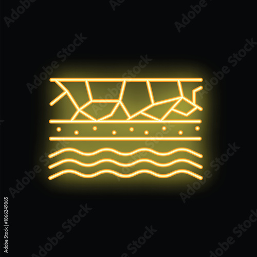 Yellow neon icon depicting layers of earth, with the top layer cracked, symbolizing drought and water scarcity