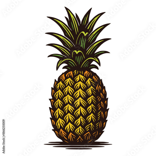 Tropical pineapple fruit isolated on white in vintage woodcut style.