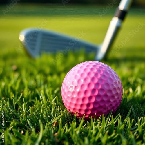 Elegant pink golf ball on lush green grass, featuring a distant club, for a women's golf event,  leisure,  recreation