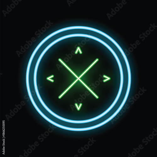Glowing neon sign of a compass pointing in all directions with a blue circle and green arrows