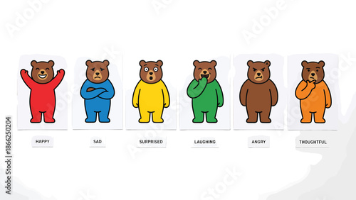 Cute Cartoon Bear Emoticons Expressing Various Emotions Happy Sad Surprised Thinking Angry Thoughtful Vector Illustration for Mood Charts Emotion Learning and Children s Books