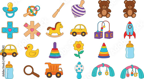 Baby Toys and Toddler Play Illustration Set Featuring Pacifier, Rattle, Building Rings, Teddy Bear, Toy Car, Rocket, Duck, and Educational Playthings