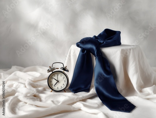Elegant still life with blue silk ribbon vintage clock