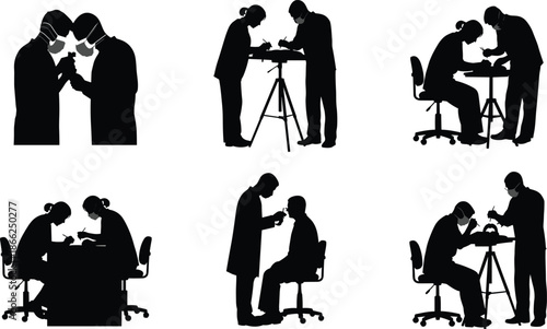 Black Medical Professional Silhouette Vector Set, Doctors, Scientists, and Laboratory Technicians Conducting Exams and Research Isolated on a White Background.