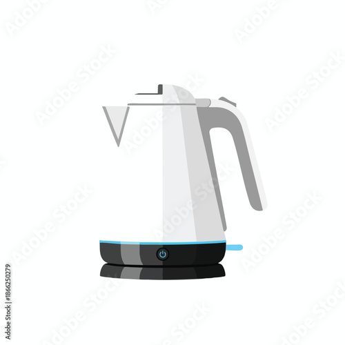 Flat graphic of a modern electric kettle with handle and base on a white background