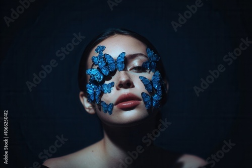 Butterflies on face in dark surreal portrait