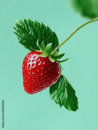 Strawberry with green leaves on teal background