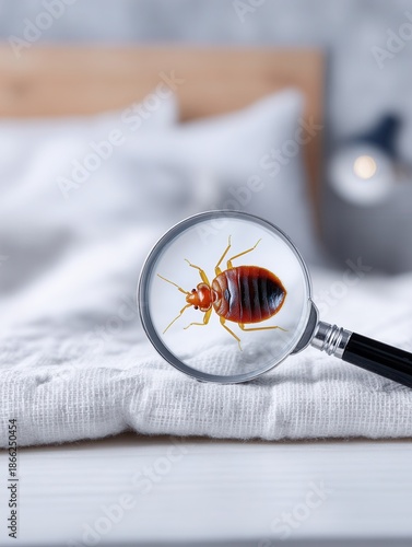 Bedbug inspection with magnifying glass on mattress