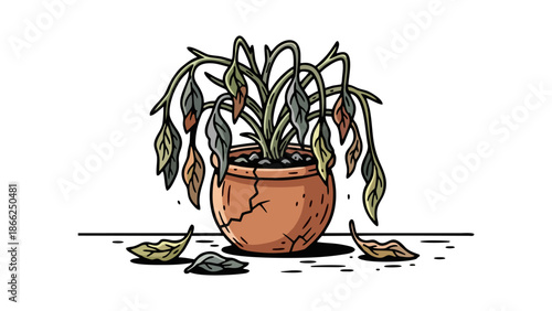 Wilting Houseplant in Cracked Pot