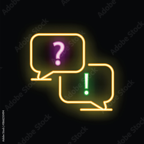 Two glowing neon speech bubbles, one with a question mark and one with an exclamation point, represent asking and answering questions