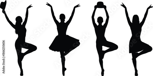 Black Silhouette Vector Set of Graceful Female Dancers, Ballerina, Jazz, and Modern Dance Poses Isolated on a White Background, Performance.