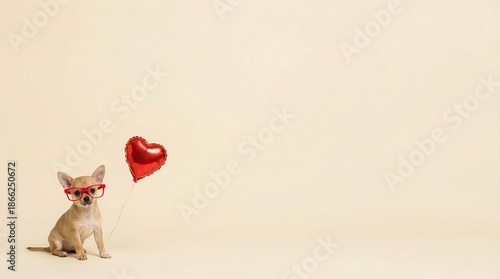 Cute Valentine Pet Advertising Background Cute Chihuahua Dog Wearing Glasses Holding Heart Balloon Valentine Animal Background with Copy Space