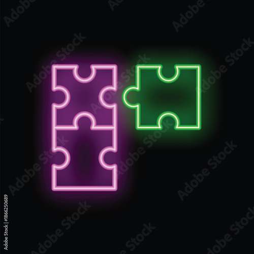 Green glowing neon puzzle piece completing a set of two purple pieces on a black background representing problem solving