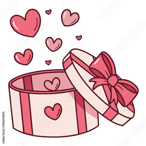 Wallpaper Mural A round gift box with pink and red stripes and heart designs sits slightly open, releasing floating hearts symbolizing love, affection, and celebration. Torontodigital.ca