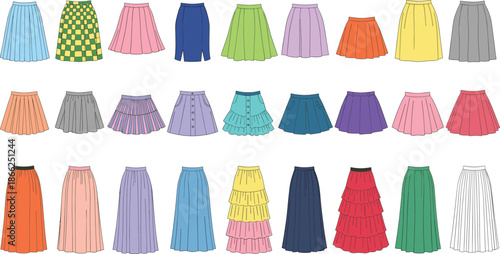 Colorful Skirt Illustration Set Featuring Casual, Pleated, A-Line, Midi, and Maxi Skirt Designs in Various Patterns for Fashion and Apparel Concepts