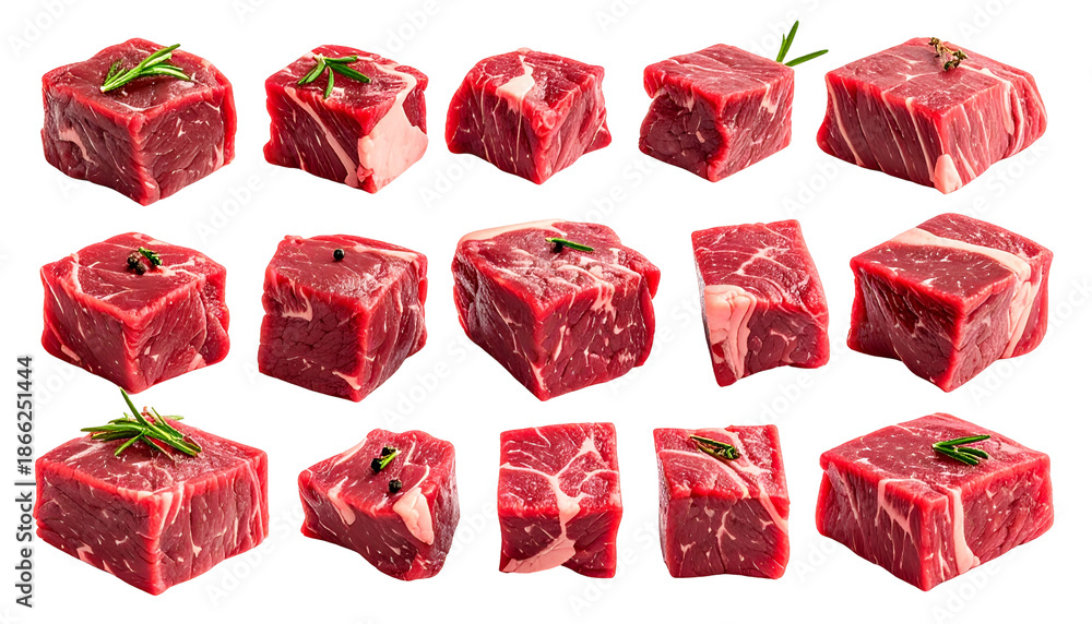 Fototapeta premium Fifteen precisely cut raw red meat cubes, arranged against a stark black background