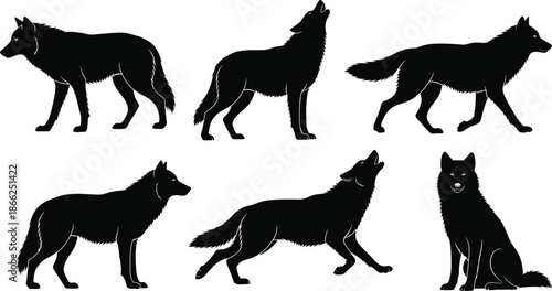 Black Wolf Silhouette Vector Set, Howling and Walking Wild Gray Wolf Icons Isolated on White Background for Wildlife Logo Design.