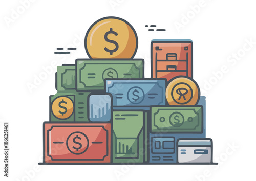 Abstract business concept illustration of growth and strategy theme, modern professional design, no real events, financial success and wealth accumulation with currency and cash