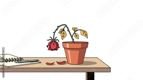 Wilting Potted Plant on Wooden Table