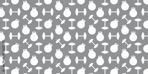 Modern fitness equipment seamless pattern featuring stylized white dumbbells and kettlebells arranged uniformly on a subtle grey backdrop for active lifestyle projects and gym branding