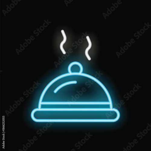 Blue neon sign of a steaming cloche, representing a restaurant, food delivery or a just cooked meal