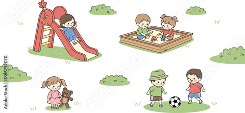 Cute Kids Playground and Outdoor Play Illustration Set Showing Children Sliding, Playing in Sandbox, Kicking Soccer Ball, and Enjoying Fun Park Activities