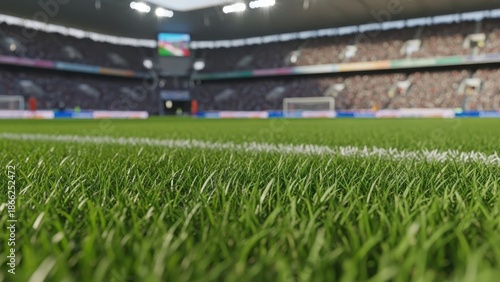 Professional soccer stadium with green grass field, low angle view of football arena at night, empty sports stadium with bright floodlights