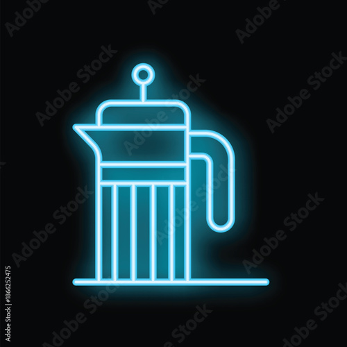 Blue neon sign depicting a french press coffee maker glowing on a black background