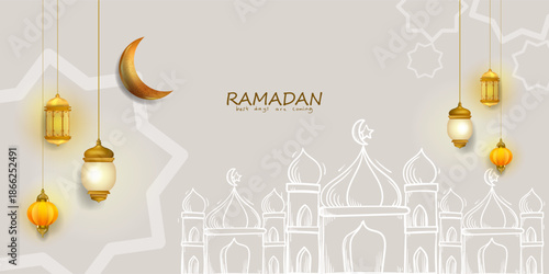 Ramadan Mubarak Islamic greeting card with mosque, stars, moon and lantern vector illustration background.