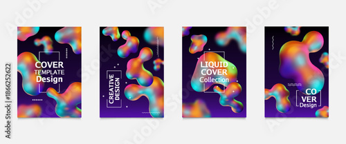 3d liquid background. Abstract gradient chrome bubble, fluid metal shapes or iridescent color splash bubbles. Holographic blob. Business minimal design. Vector isolated figures set