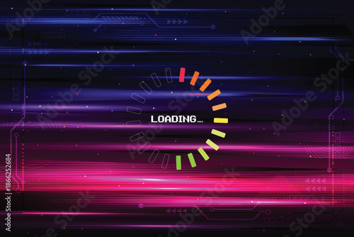 LOADING bar. pixel art. Retro Futurism Sci-Fi Background. glowing neon grid and star from vintage arcade computer game.