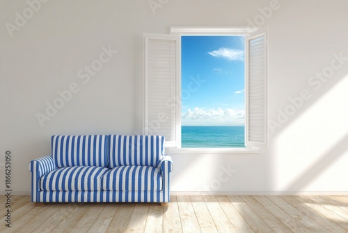 Open window view of ocean with striped sofa